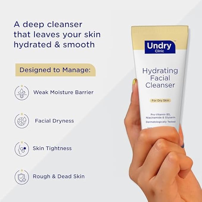 Undry منظف وجه مرطب للبشرة الجافة (100 مل) غسول وجه لطيف ينظف بعمق للوجه، غسول وجه غير مجفف للنساء والرجال غسول وجه مع النياسيناميد، برو-فيتامين ب5 والجلسرين - Image 2
